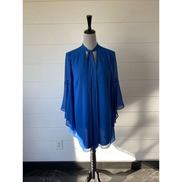 BCBGeneration Sz S NECK TIE A-LINE DRESS FLUTTER SLEEVE CHIFFON DRESS BLUE - Picture 5 of 13